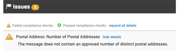 LashBack ComplianceMonitor flagging a missing postal address in an affiliate email