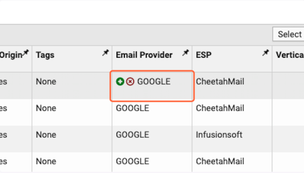 See the email provider for each email in the marked column