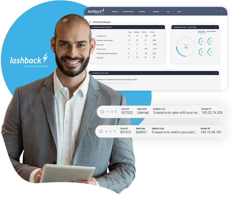man smiling iwht tablet - lashback compliance monitor makes people happy